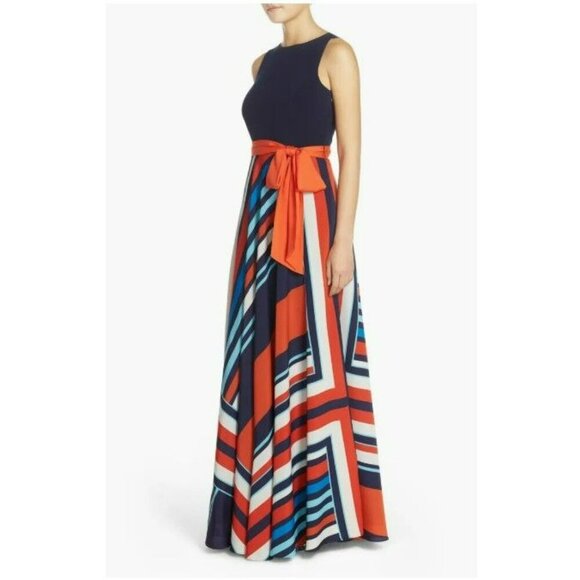 Eliza J Maxi Dress Women 6 Jersey Navy Red Scarf Geometric Sash Flowy A-Line - Picture 3 of 14